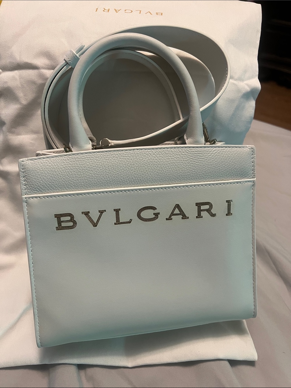 Bulgari White Leather Satchel with Gold Logo